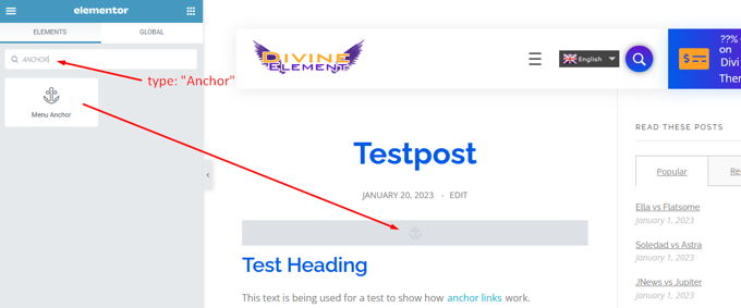 Add anchor in WordPress using Elementor