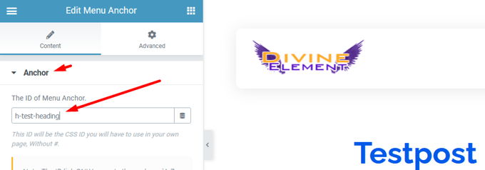 Add anchor in WordPress using Elementor