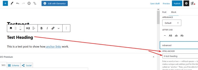 Add anchor in WordPress using Gutenberg