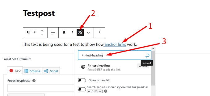 Add anchor in WordPress using Gutenberg