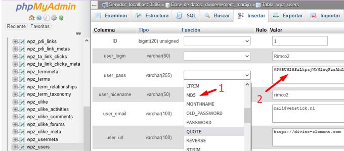 Change WP username Phphadmin MD5