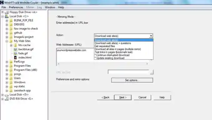 Convert Wordpress to HTML HTTrack action