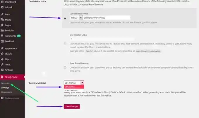 Convert Wordpress to HTML Simply Static settings