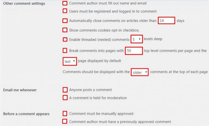 Comments in WordPress settings discussion