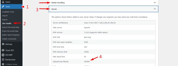 Current WordPress Max Upload Size site health