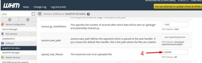 WordPress Max Upload Size WHM MultiPHP INI Editor 2