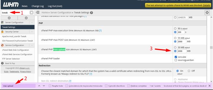 Current WordPress Max Upload Size WHM Tweak Settings