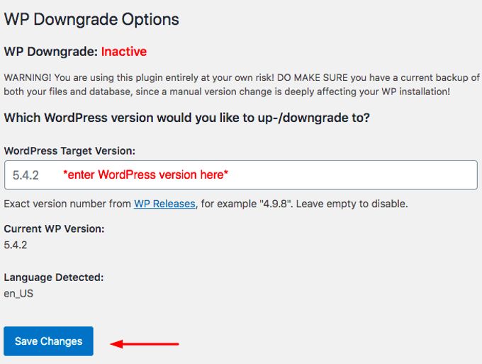 WP-Downgrade enter version