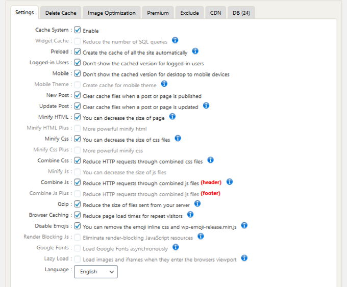 WP Fastest Cache basic settings