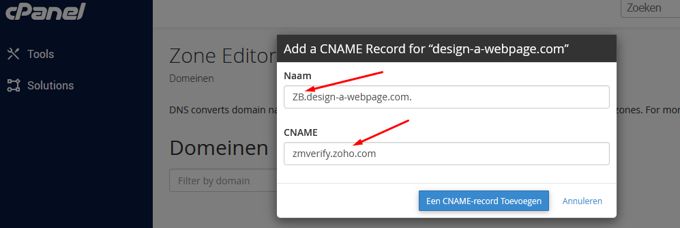 Zoho Mail set up Cpanel Cname add ZB